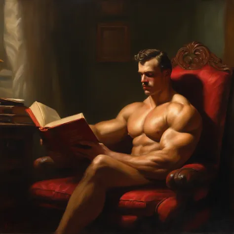 (oil painting) (full body) A victorian naked muscular beautiful men with huge bulging pecs and muscles and a gigantic uncircumcized cock portrays an worried expression as he sits in a chair in his office while reading a strange ominous red book