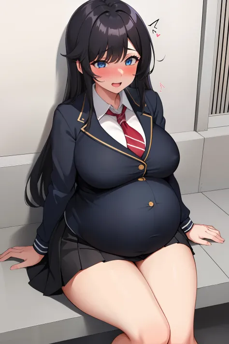 1 girl, Big tits, big thighs, long hair, black hair, blue eyes, school clothes, tight school clothes, Mini skirt, Pregnant, Very pregnant, Smile, blushing, Embarrassed, Sit in class, Sexy girl