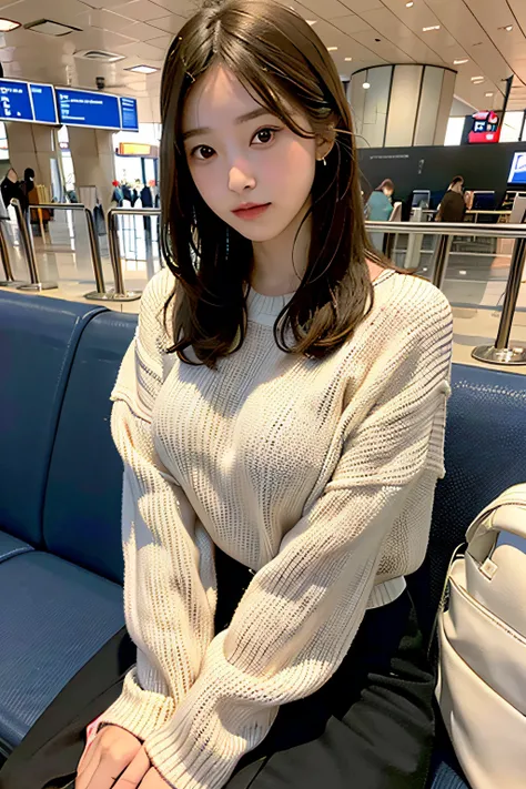 1girl, in the airport, waiting for the airplane, sitting at a chair, leg crossed, upper body,close-up, 8k, RAW photo, best quality, masterpiece,realistic, photo-realistic, big tits, wearing casual cloths, sweater,