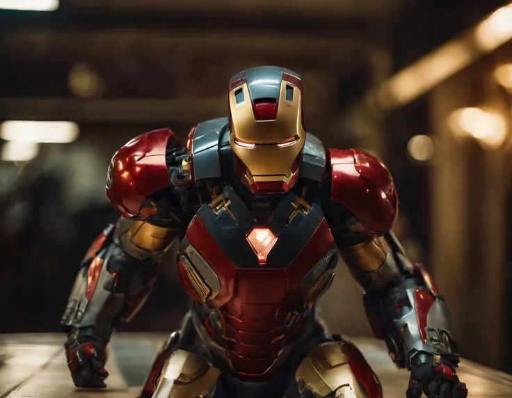 (best quality,ultra-detailed),Iron Man, cute boy with realistic features, dynamic pose, vibrant colors, comic book style, glowing arc reactor, detailed armor design, intense red and gold color scheme, action-packed background, sci-fi lighting, powerful sup...