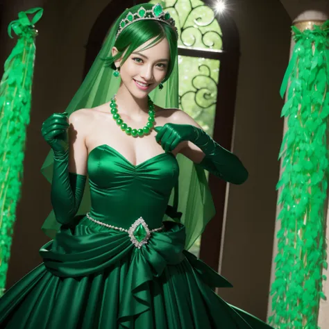 emerald tiara, Green Pearl Necklace, Boyish very short green hair, lipsticks, Japan woman smiling, very short short hair, big breasts beautiful, Green eyes, Long green gloves made of satin material, Green eyes, Emerald Earrings, Green dress