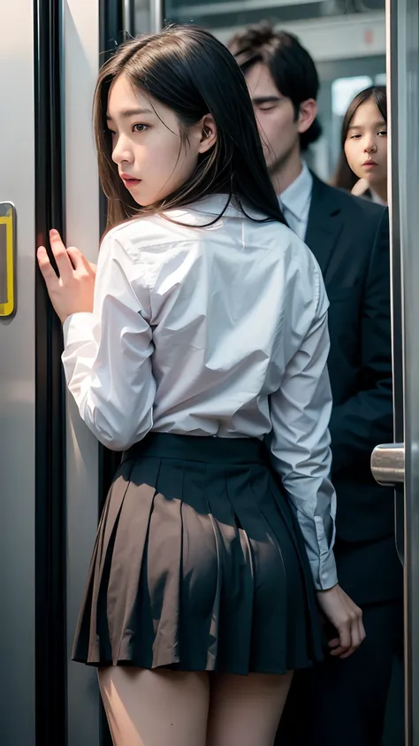 grasp、、High school girl grabbed by the buttocks on the train、pleatedskirt、a beauty girl１a person、ember３a person、Grabbing the buttocks、molesting、Touching your buttocks on the train, undress the panty,(scary face), (fit body), (sexy school girl uniform)