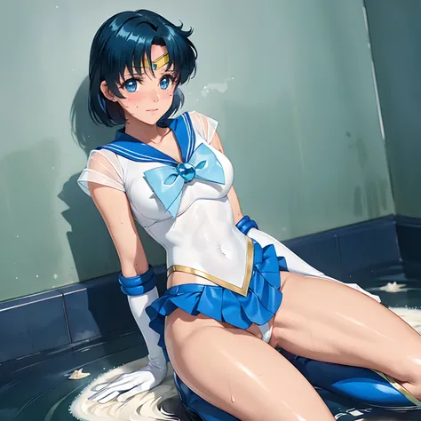 Sailor Mercury　Transformation heroine of justice　Enameled White Leotard　Enamel Blue Boots　Wrinkled boots　Enamel White Gloves　Enamel Blue Mini Skirt　Neat and clean image　Gold decoration　Costumes with fancy decorations　justice　poneyTail　semi long hair　hair a...