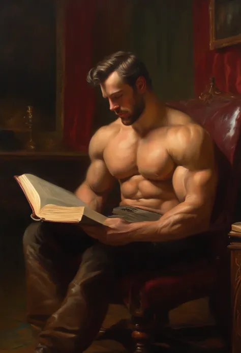 (oil painting) (full body) A victorian naked muscular beautiful men with huge bulging pecs and muscles and a gigantic uncircumcized cock portrays an worried expression as he sits in a chair in his office while reading a strange ominous red book