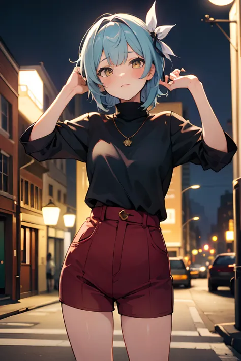 sfw, masterpiece, standing (woman 1), (((cute pose)), ((casual clothes))), yellow eyes,  pouder blue hair, cute blush, (city), w...