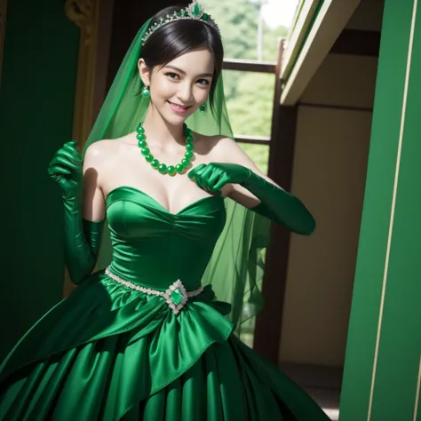 emerald tiara, Green Pearl Necklace, Boyish very short green hair, lipsticks, Japan woman smiling, very short short hair, big breasts beautiful, Green eyes, Long green gloves made of satin material, Green eyes, Emerald Earrings, Green dress