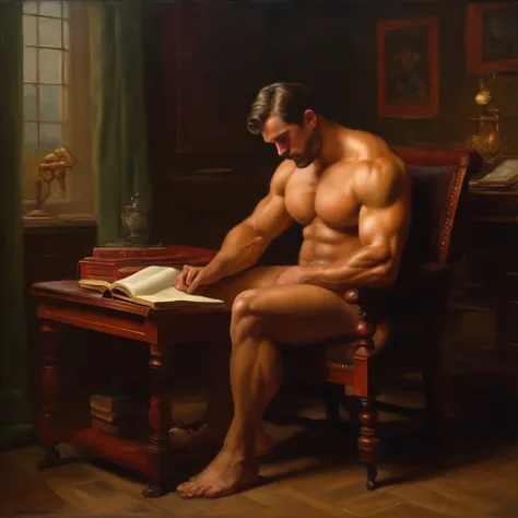 (oil painting) (full body) A victorian naked muscular beautiful men with huge bulging pecs and muscles and a gigantic uncircumcized cock portrays an worried expression as he sits in a chair in his office while reading a strange ominous red book