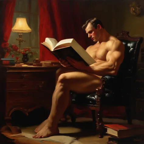 (oil painting) (full body) A victorian naked muscular beautiful men with huge bulging pecs and muscles and a gigantic uncircumcized cock portrays an worried expression as he sits in a chair in his office while reading a strange ominous red book