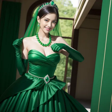 emerald tiara, Green Pearl Necklace, Boyish very short green hair, lipsticks, Japan woman smiling, very short short hair, big breasts beautiful, Green eyes, Long green gloves made of satin material, Green eyes, Emerald Earrings, Green dress