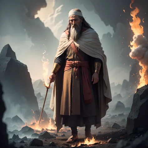 Describe the scene in which Moses stands before the burning bush that, even in flames, is not consumed. How does Moses react to this vision? What might he be thinking or feeling at that moment? Also describe the surrounding environment and any other elemen...