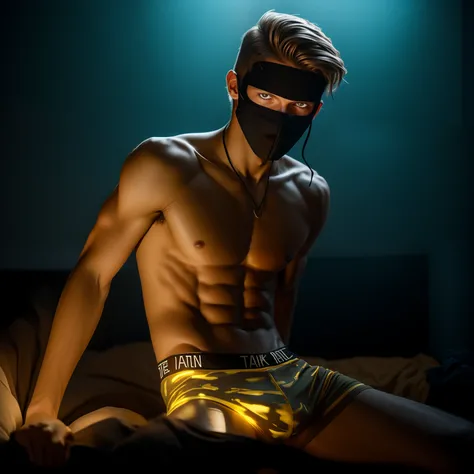 Teen male posing, (((skinny body))), (((16yo))), porn, atmospheric, cute masculine square face, golden hair, dead inside, bokeh, background blur, bottomless, chainlet, chromatic aberration, wet, veined body, full body view, lying in bed, mask, (((teen stub...