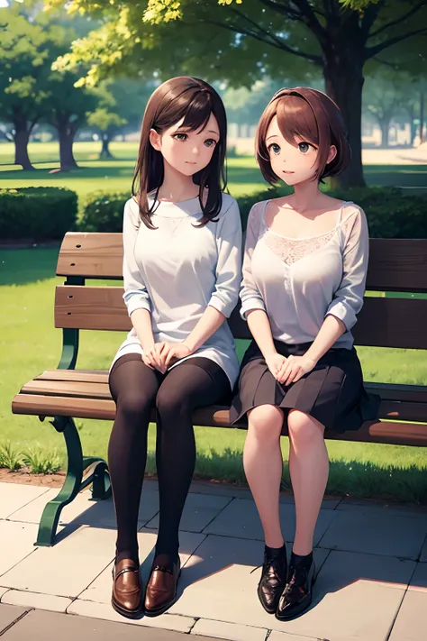 a girl and her mother closely sit at a bench in the park, anime, 2d, comics, with board painting