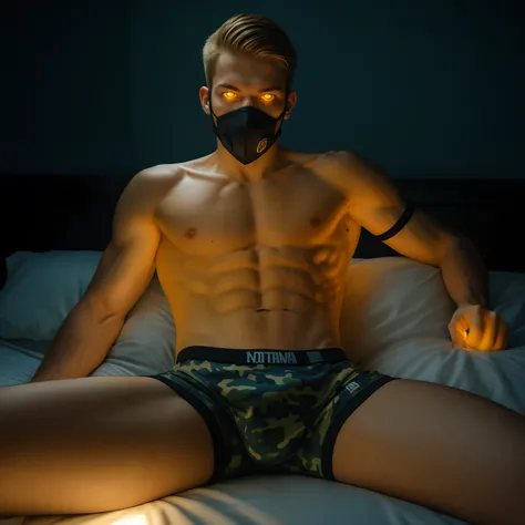 Teen male posing, (((skinny body))), (((16yo))), porn, atmospheric, cute masculine square face, golden hair, dead inside, bokeh, background blur, bottomless, chainlet, chromatic aberration, wet, veined body, full body view, lying in bed, armoured mask, (((...