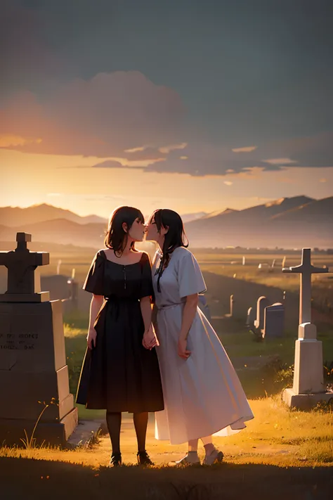 Beautiful lesbian women kissing at an old Pioneer Cemetery outside a ghost town,  full body