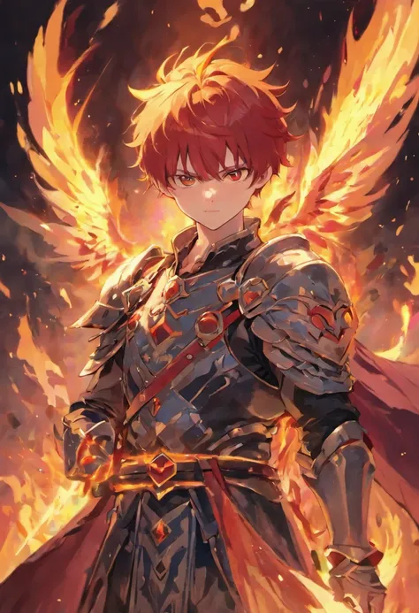 Male fire knight with red hair with sword and dragon wings