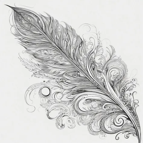 a black and white drawing of a feather with swirls, beautiful feather, feather tattoos, detailed feathers, very detailed black feathers, feather, intricate ink designs, higly detailed black ink outline, black and white ink , tattoo design, line drawing tat...