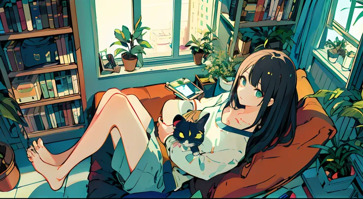 a girls, from above, plant, black hair, cat, lying, indoors, holding, long sleeves, long hair, stuffed toy, potted plant, book, food, window, phone, loaded interior, television, short hair, on back, stuffed animal, bangs, slippers, barefoot, sitting, books...