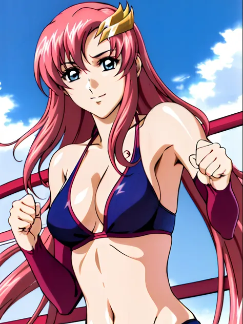 (masterpiece, upper body view, 4K, Best Quality, Anime style: 1.9,, Adult Woman, ultra detailed face, (cloud background, wrestling), Drawing lines, high resolution, Anime, lacus4), 1girl, Solo, curvy figure, Long hair, 鎖骨, scapular, (Detailed wide hair ban...