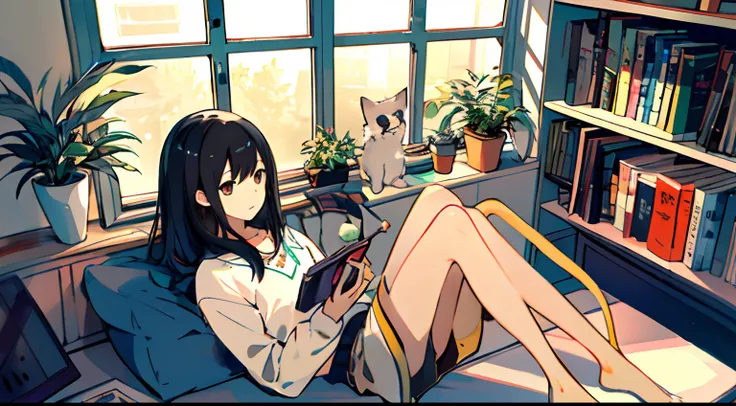 a girls, from above, plant, black hair, cat, lying, indoors, holding, long sleeves, long hair, stuffed toy, potted plant, book, food, window, phone, loaded interior, television, short hair, on back, stuffed animal, bangs, slippers, barefoot, sitting, books...