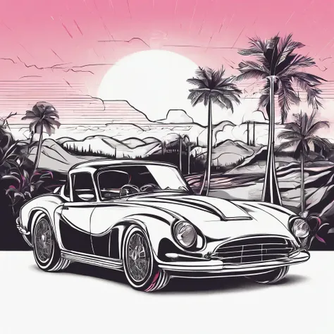 Old classic sports car in front of sunset, VaporWave style, Neon style, Soft lines, Vector sticker art, Vector Cores, intriciate detail, Black t-shirt design, 8K