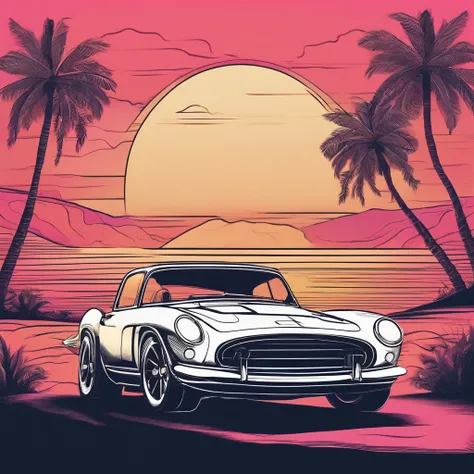 Old classic sports car in front of sunset, VaporWave style, Neon style, Soft lines, Vector sticker art, Vector Cores, intriciate detail, Black t-shirt design, 8K