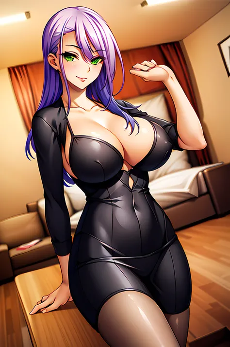 green_eyes, purple_hair, (hair_spread_out:1.2),
(masterpiece:1.2), best quality, game cg,highly_detailed,extremely_detailed_CG_unity_8k_wallpaper,illustration,highres,absurdres,pov, window shade, light particles,
(1girl), (portrait), (mature female:1.3),mi...