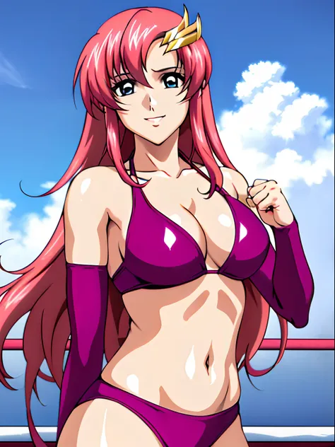 (masterpiece, upper body view, 4K, Best Quality, Anime style: 1.9,, Adult Woman, ultra detailed face, (cloud background, wrestling), Drawing lines, high resolution, Anime, lacus4), 1girl, Solo, curvy figure, Long hair, 鎖骨, scapular, (Detailed wide hair ban...