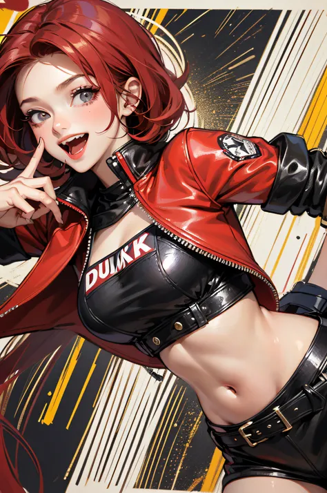 1 girl, melhor qualidade, ultra detalhado, (menor:1.2), olhos redondos, Feliz, :d, Middle breast, red hair, medium hair, , , isometric, cowboy shot, arms extended, Primary colors Cut-out jacket with leather, saia xadrez dessaturada, Em um futuro distante