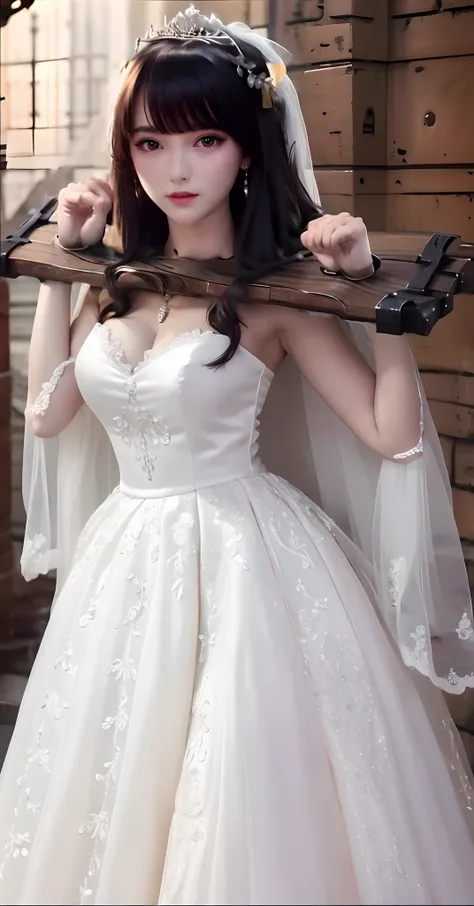 Close-up of a beautiful bride wearing a beautiful wedding dress, Gurwitz,（Pillory：1.5）, （flail：1.2）,  flail on the head, flail on the hands,(bridal veil: 1.5), (transparent short veil: 1.5), flushed face, head flower, tiara, Very detailed princess wedding ...