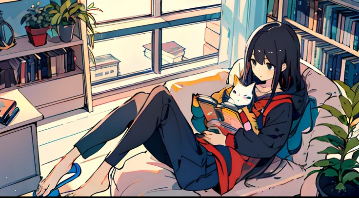 a girls, from above, plant, black hair, cat, lying, indoors, holding, long sleeves, long hair, stuffed toy, potted plant, book, food, window, phone, loaded interior, television, short hair, on back, stuffed animal, bangs, slippers, barefoot, sitting, books...