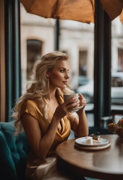 blonde woman having coffee