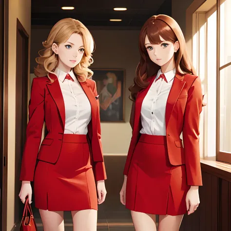 Masterpiece, best quality, anime screencap, 2girls, duo, twins, red skirt suit, red pencil skirt, mature woman, brown hair, blonde hair, curly hair, hair down, hazel eyes