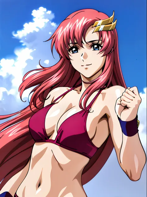 (masterpiece, upper body view, 4K, Best Quality, Anime style: 1.9,, Adult Woman, ultra detailed face, (cloud background, wrestling), Drawing lines, high resolution, Anime, lacus4), 1girl, Solo, curvy figure, Long hair, 鎖骨, scapular, (Detailed wide hair ban...