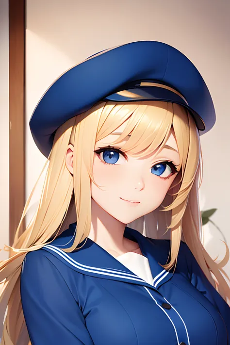 a portrait of a blonde girl with blue cap and blue shirt