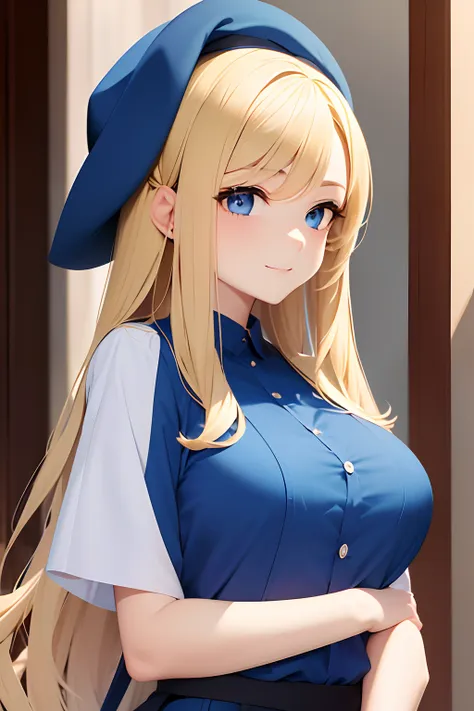 a portrait of a blonde girl with blue cap and blue shirt