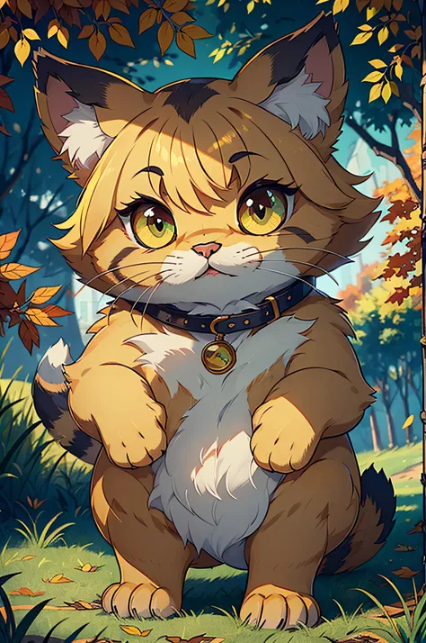 a cat with yellow leaves inside fur, green eyes, fluffy, autumn, fallen leaves