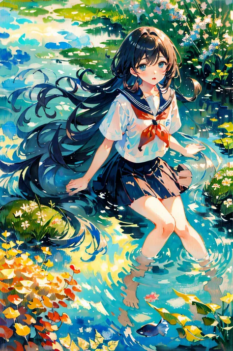 bubble, rating:safe, air_bubble, underwater, 1girl, fish, long_hair, submerged, school_uniform, serafuku, solo, water, skirt, neckerchief, short_sleeves,(Impressionism:1.4)