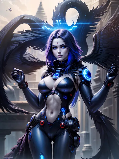 cyborg raven maiden, beautiful blue eyes, raven but with a cyberpunk twist, technopole, intricate, hyperdetailed