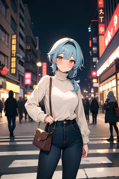 SFW, masterpiece, standing (woman 1), (((cute pose)), ((casual clothes))), yellow eyes,  pouder blue hair, cute blush, (city), wind, blush, ((milf)), night, busy street, turtleneck, perfect hands, purse