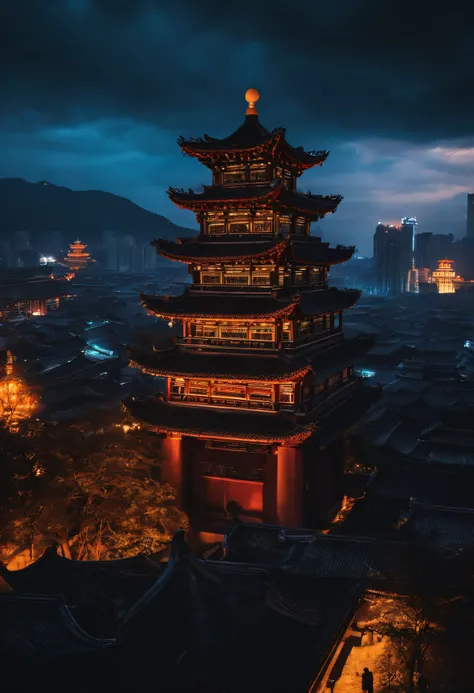 The top half of the picture is a high-rise building with a technological style，Below are ancient Chinese buildings，There is a black-cloaked assassin on the building