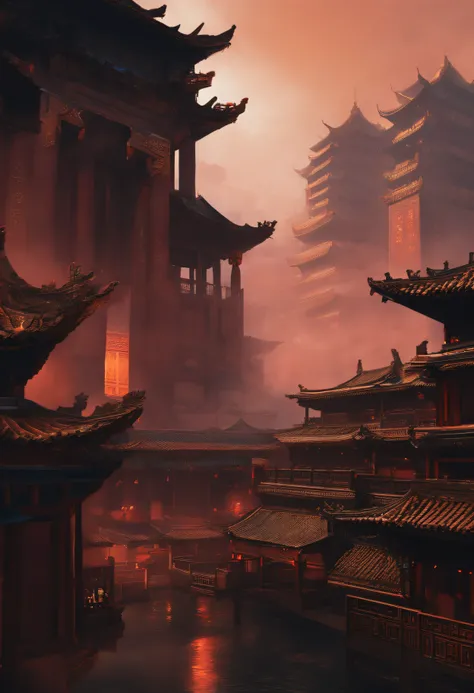 The top half of the picture is a high-rise building with a technological style，Below are ancient Chinese buildings，There is a black-cloaked assassin on the building