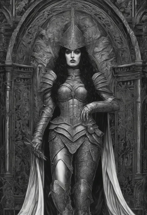 a black and white drawing of a woman in armor, inspired by Clyde Caldwell, in front of a carved screen, phil jimenez, yennefer, detailed hatching, walls, pinup. lord of daggers, intense gaze, 3 0, queen of the night, walking, with an intricate