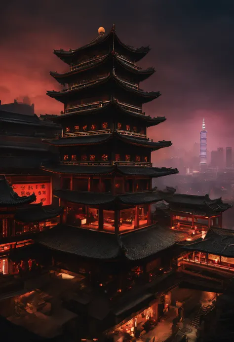 The top half of the picture is a high-rise building with a technological style，Below are ancient Chinese buildings，There is a black-cloaked assassin on the building