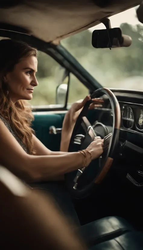 A woman sitting in the seat with her hands on the steering wheel, vemos ela de perfil, as if the camera were in the passenger seat