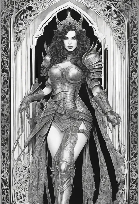 a black and white drawing of a woman in armor, inspired by Clyde Caldwell, in front of a carved screen, phil jimenez, yennefer, detailed hatching, walls, pinup. lord of daggers, intense gaze, 3 0, queen of the night, walking, with an intricate