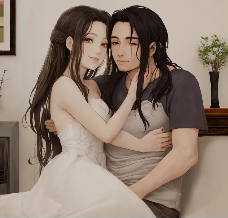 there is a man and woman hugging each other in a living room, casal feliz, imagem de perfil, Lovely couple, muito definido, retrato de casal, imagem de boa qualidade , anime, sorriso