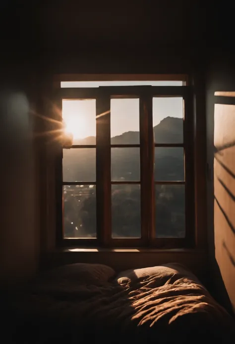 Window and bedroom interior, crying face and heartbreaking, illuminated warm, cinematic dark light, photo contest composition, analog film photo color, ultra realistic pohotography, very wide mid shot view, Aesthetic atmosphere, dramatic, rays shadow, Sigm...