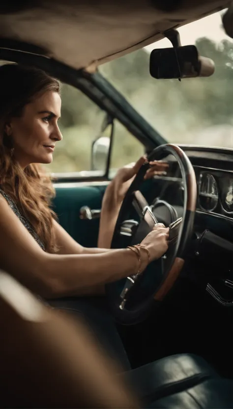 A woman sitting in the seat with her hands on the steering wheel, vemos ela de perfil, as if the camera were in the passenger seat