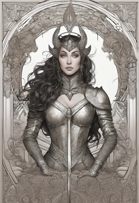 a black and white drawing of a woman in armor, inspired by Clyde Caldwell, in front of a carved screen, phil jimenez, yennefer, detailed hatching, walls, pinup. lord of daggers, intense gaze, 3 0, queen of the night, walking, with an intricate