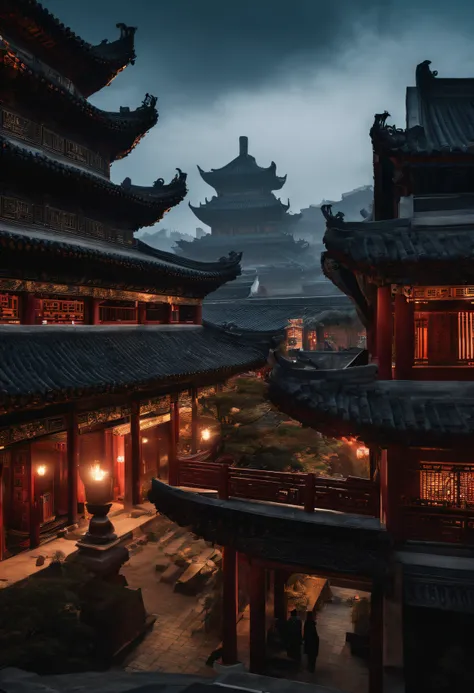 The top half of the picture is a high-rise building with a technological style，Below are ancient Chinese buildings，There is a black-cloaked assassin on the building